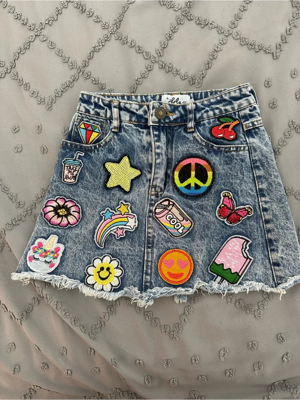 Lola + The Boys Denim A-Line Skirt with Colorful Patchwork - Picture 4 of 5